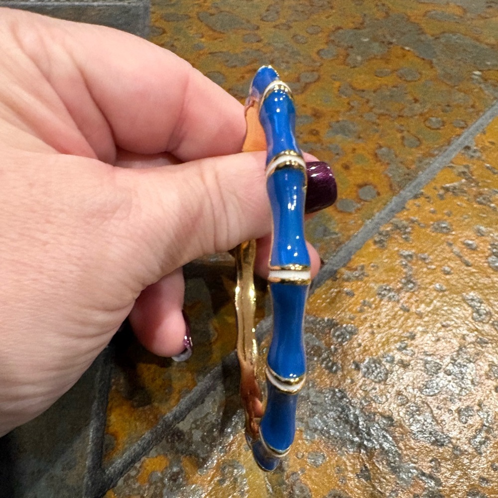 Blue Enamel Bamboo Style Bangle Bracelet Gold Tone NWOT - Picture 2 of 4